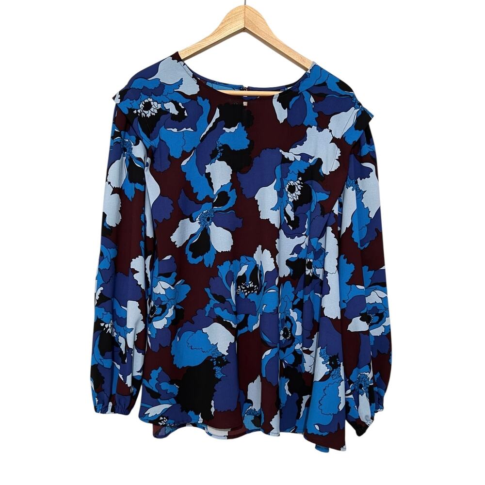 Who What Wear 1X Plus Blue Floral Blouse Burgundy Long Sleeve Flowy Peasant Top